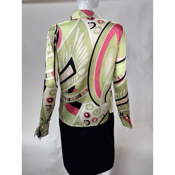 Silk Patterned Blouse By Kasper Size 6 - Green & Pink Design French Cuff Blemish - Picture 15 of 16